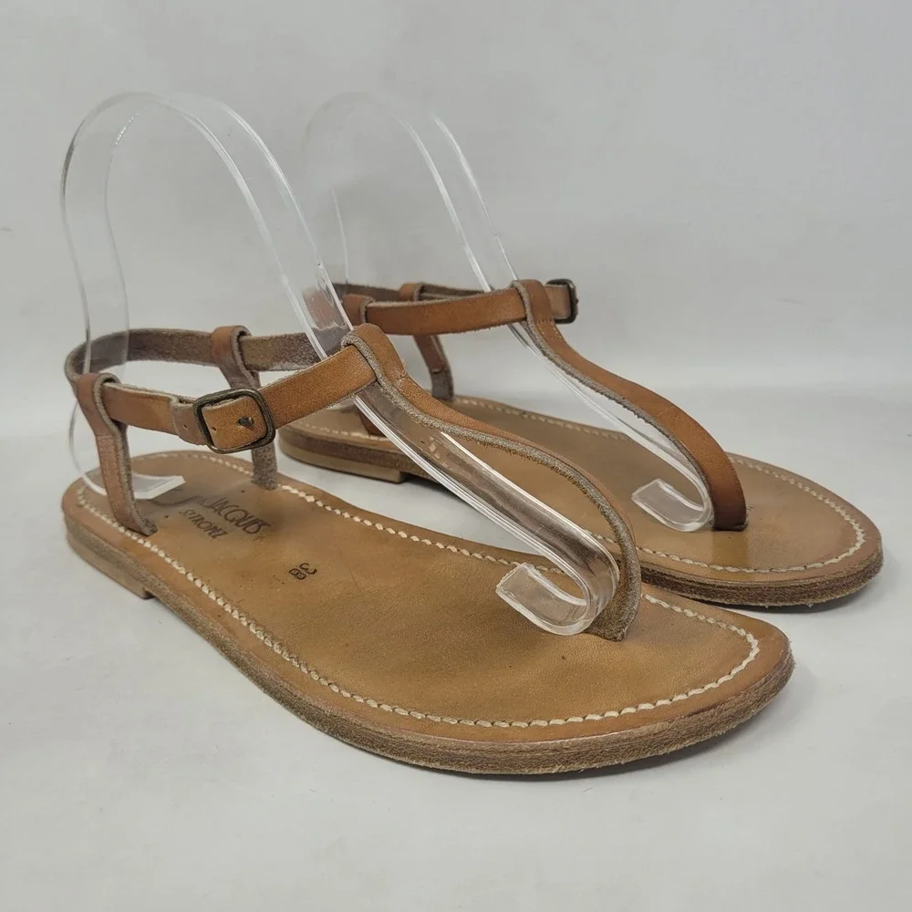 K.Jacques Sandals EU38 US7 Brown Leather T-Strap Gladiator Flat Resort Vacation